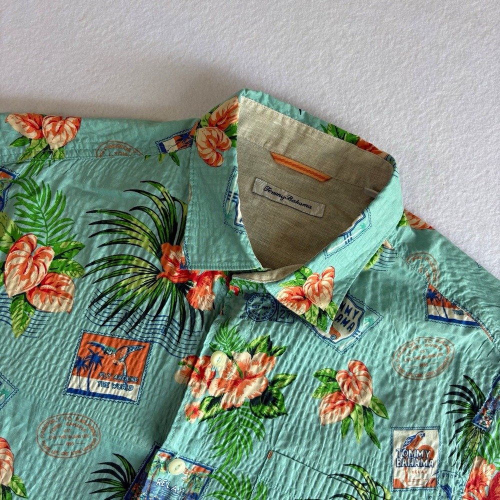 Tommy Bahama Shirt Mens L Teal Tropical Postcard Floral Textured Seersucker